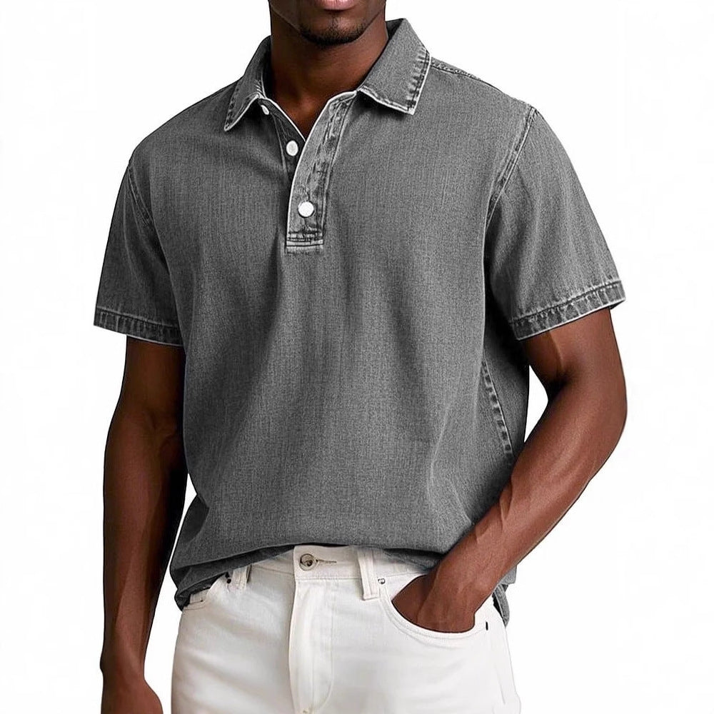 Men's Stylish Solid-Color Vintage Short-Sleeve Lapel Polo Shirt for Summer Casual Business