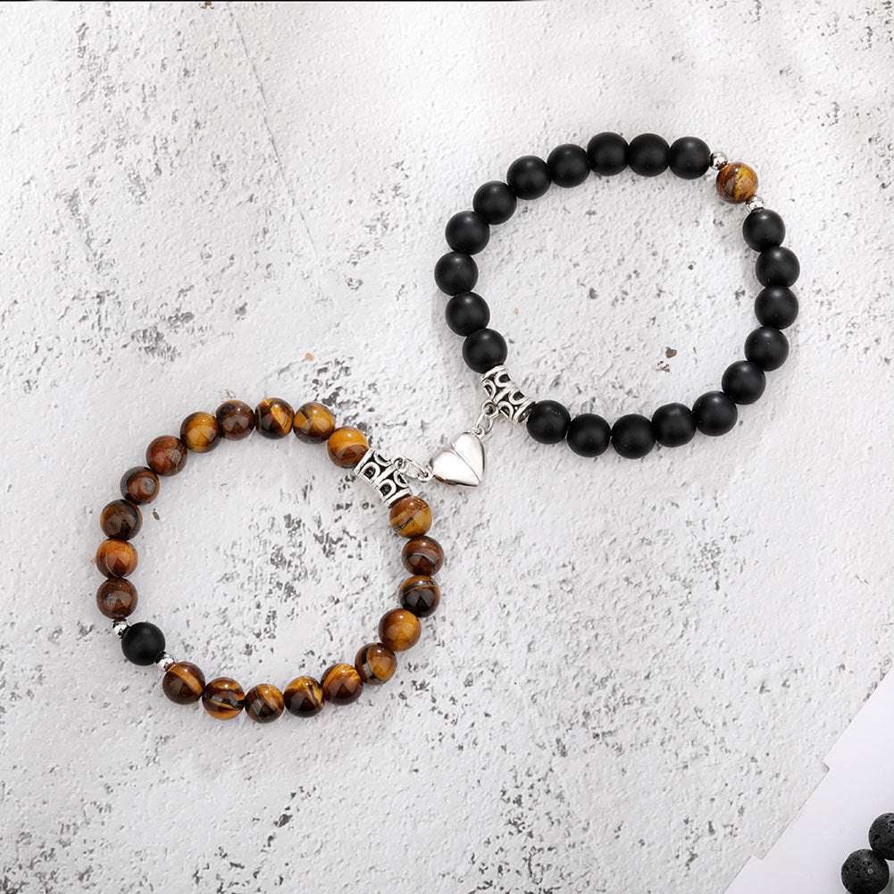 Bracelets couple magnétiques – Pierre naturelle, pendentif cœur à distance