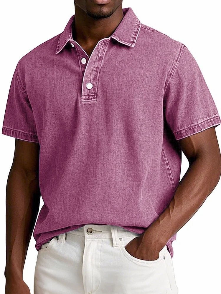 Men's Stylish Solid-Color Vintage Short-Sleeve Lapel Polo Shirt for Summer Casual Business