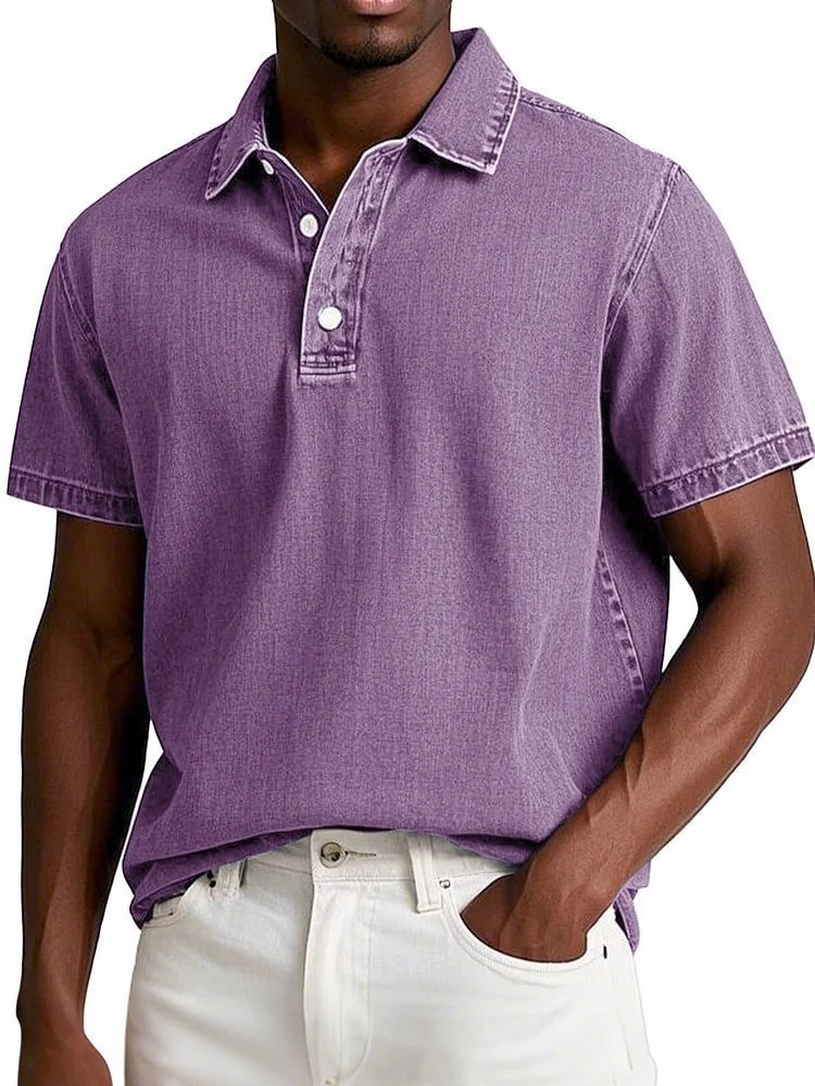 Men's Stylish Solid-Color Vintage Short-Sleeve Lapel Polo Shirt for Summer Casual Business