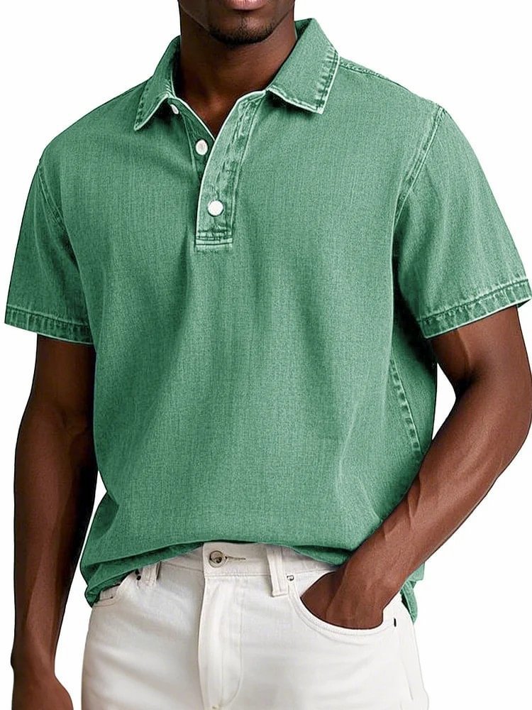 Men's Stylish Solid-Color Vintage Short-Sleeve Lapel Polo Shirt for Summer Casual Business