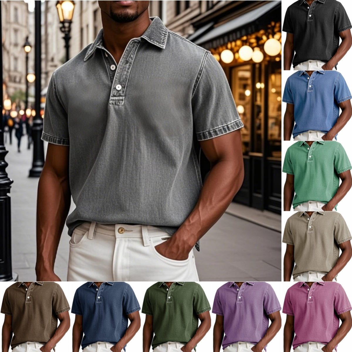 Men's Stylish Solid-Color Vintage Short-Sleeve Lapel Polo Shirt for Summer Casual Business