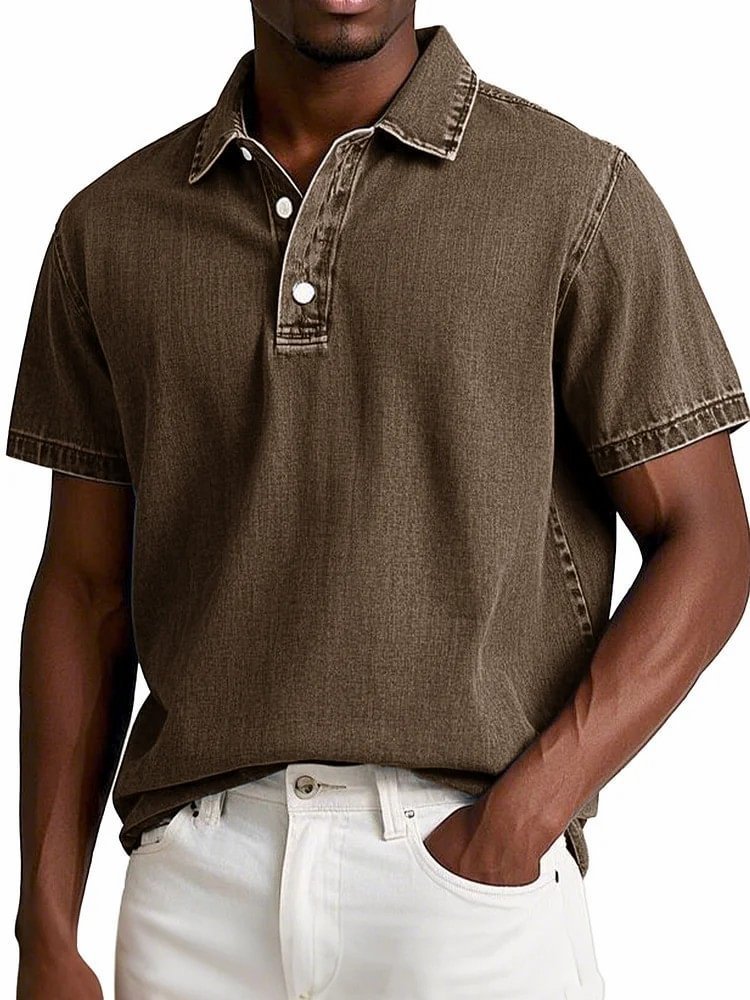 Men's Stylish Solid-Color Vintage Short-Sleeve Lapel Polo Shirt for Summer Casual Business