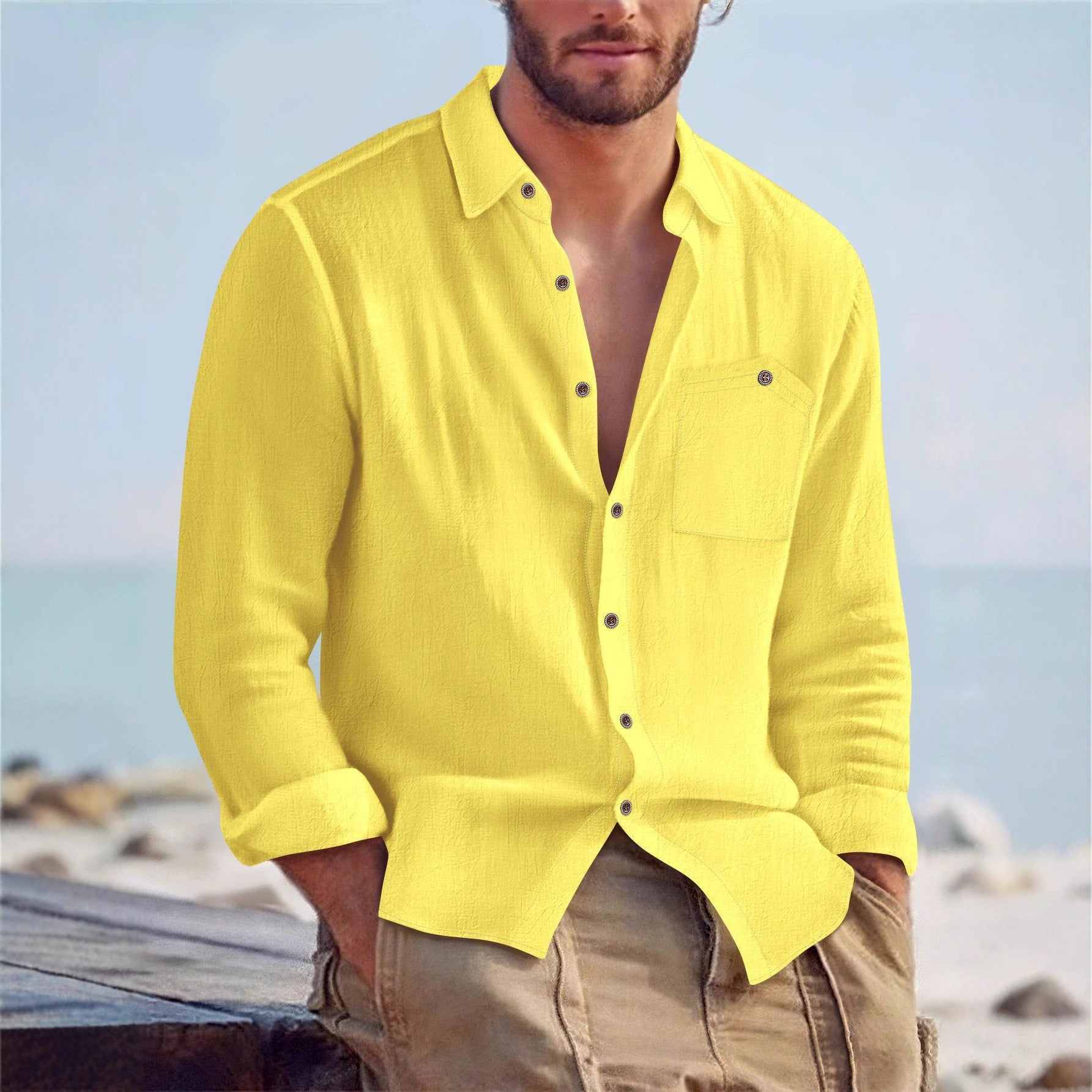Men's Linen Loose-fit Solid-color Lapel Cardigan Shirt