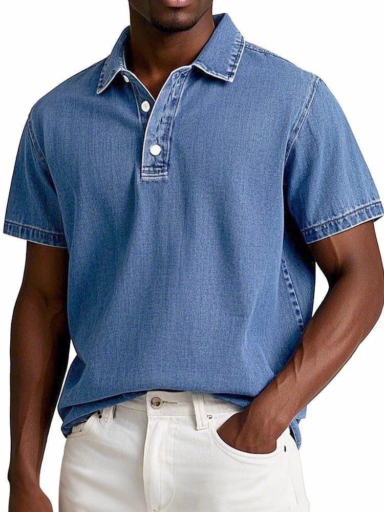Men's Stylish Solid-Color Vintage Short-Sleeve Lapel Polo Shirt for Summer Casual Business