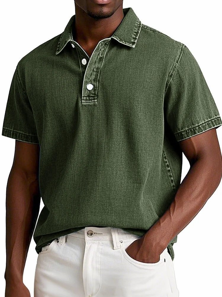 Men's Stylish Solid-Color Vintage Short-Sleeve Lapel Polo Shirt for Summer Casual Business