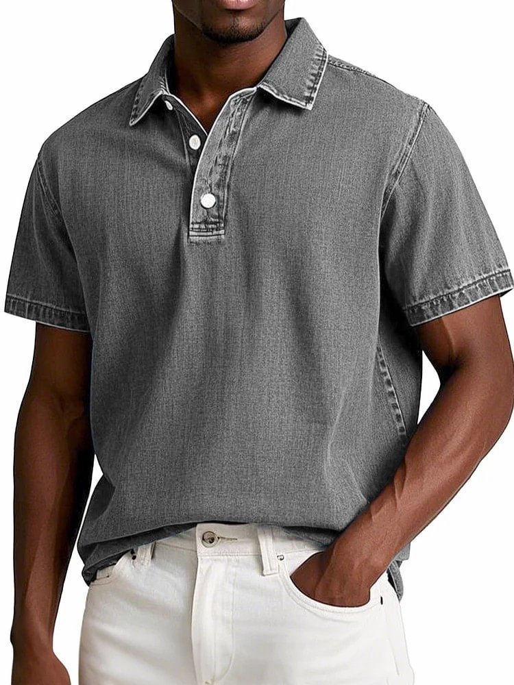 Men's Stylish Solid-Color Vintage Short-Sleeve Lapel Polo Shirt for Summer Casual Business