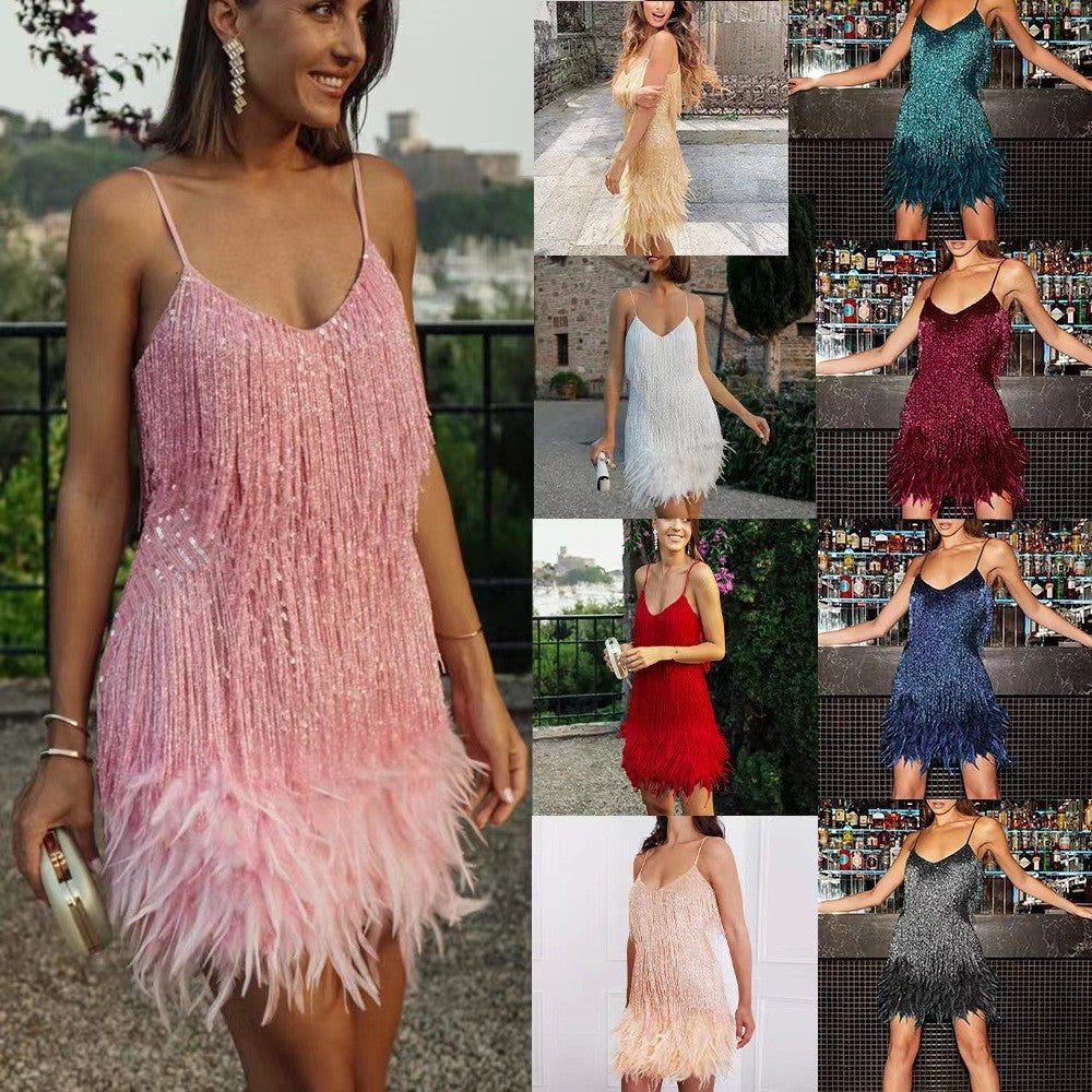 Sexy Tassel Sequin Feather Summer Mini Dress Women V-Neck Spaghetti Strap Patchwork Dresses Female Elegant Evening Party Club Dress