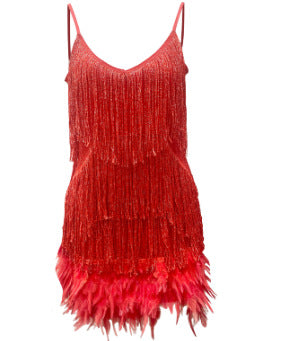 Sexy Tassel Sequin Feather Summer Mini Dress Women V-Neck Spaghetti Strap Patchwork Dresses Female Elegant Evening Party Club Dress