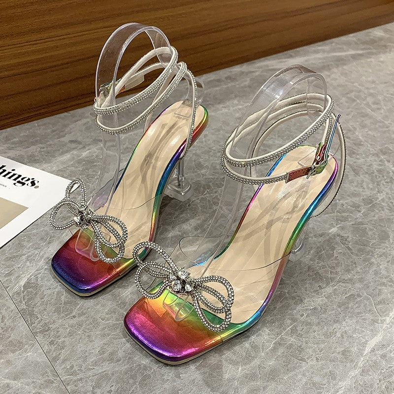 Crystal Clear Wine Glass Heel Sandals with Rhinestone Bow - Women's High Heels