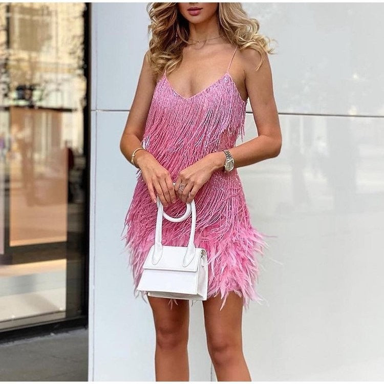 Sexy Tassel Sequin Feather Summer Mini Dress Women V-Neck Spaghetti Strap Patchwork Dresses Female Elegant Evening Party Club Dress
