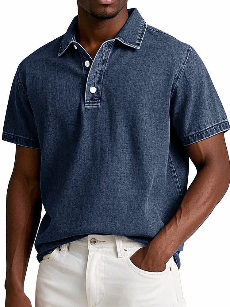 Men's Stylish Solid-Color Vintage Short-Sleeve Lapel Polo Shirt for Summer Casual Business