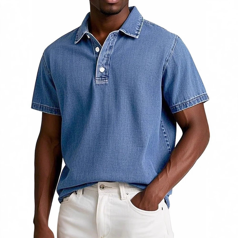Men's Stylish Solid-Color Vintage Short-Sleeve Lapel Polo Shirt for Summer Casual Business
