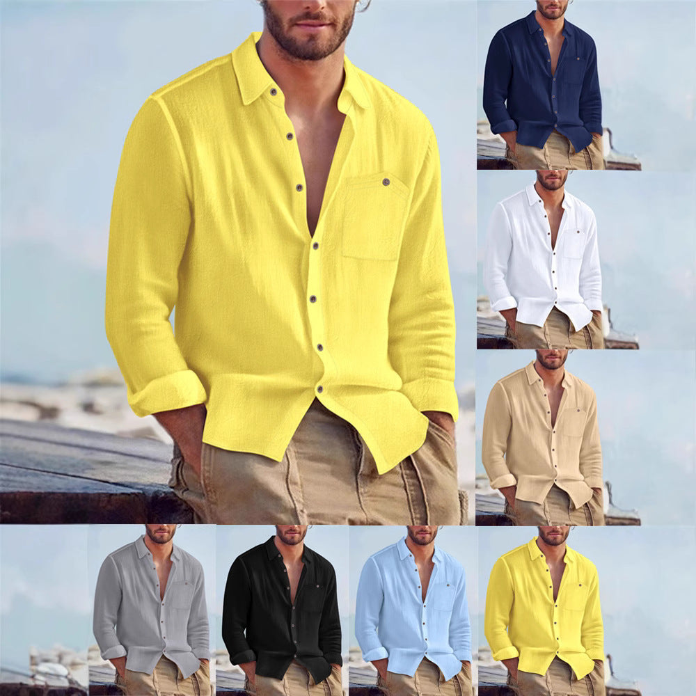 Men's Linen Loose-fit Solid-color Lapel Cardigan Shirt