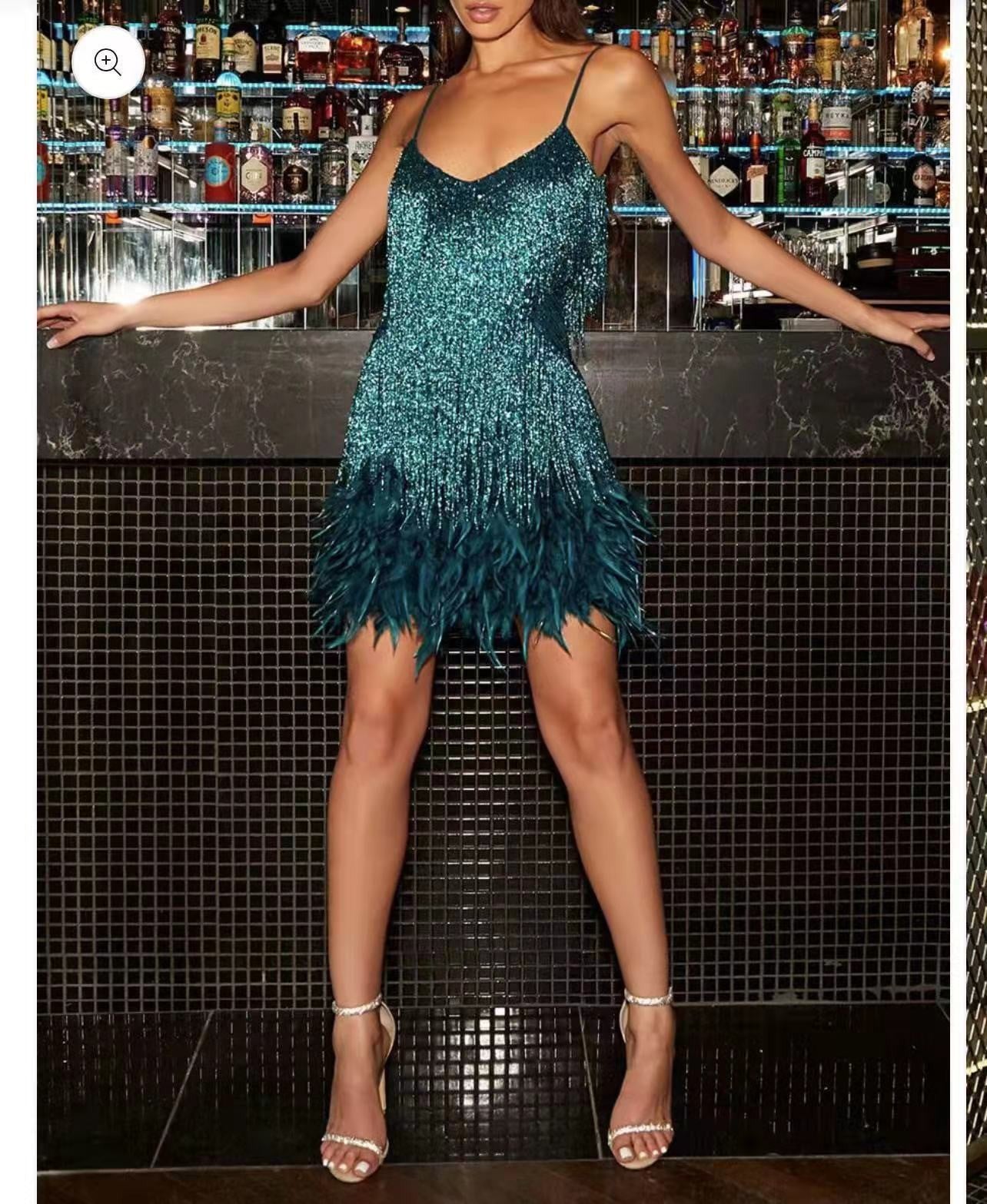 Sexy Tassel Sequin Feather Summer Mini Dress Women V-Neck Spaghetti Strap Patchwork Dresses Female Elegant Evening Party Club Dress