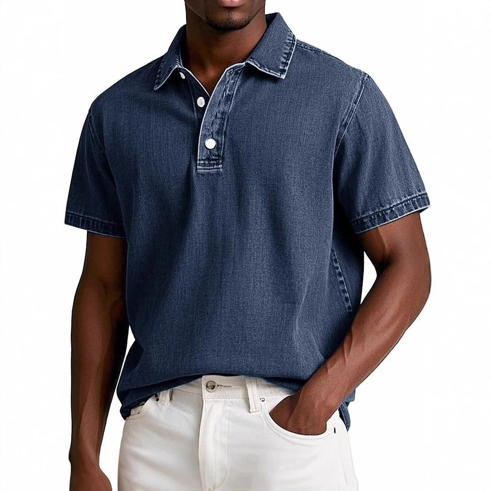 Men's Stylish Solid-Color Vintage Short-Sleeve Lapel Polo Shirt for Summer Casual Business
