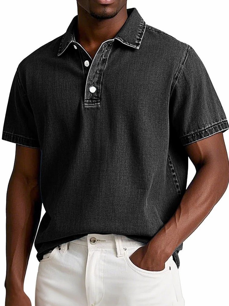Men's Stylish Solid-Color Vintage Short-Sleeve Lapel Polo Shirt for Summer Casual Business