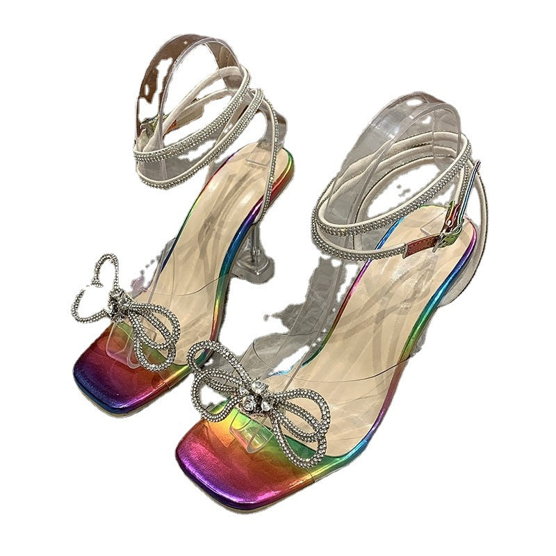Crystal Clear Wine Glass Heel Sandals with Rhinestone Bow - Women's High Heels
