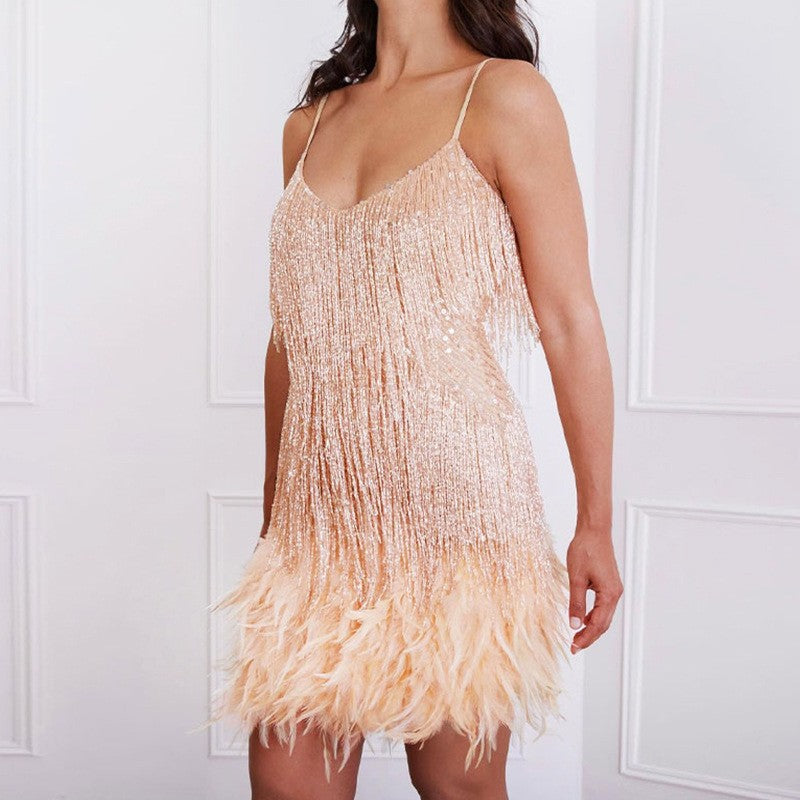Sexy Tassel Sequin Feather Summer Mini Dress Women V-Neck Spaghetti Strap Patchwork Dresses Female Elegant Evening Party Club Dress
