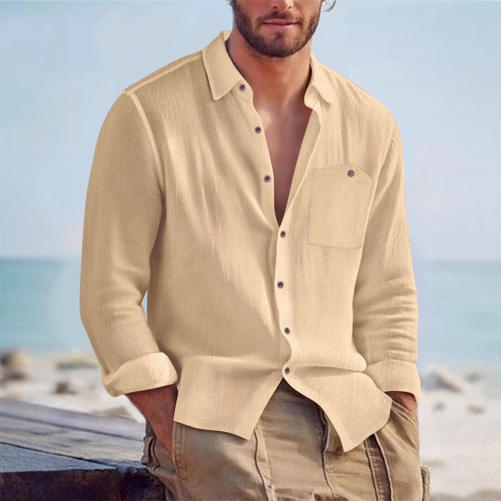 Men's Linen Loose-fit Solid-color Lapel Cardigan Shirt
