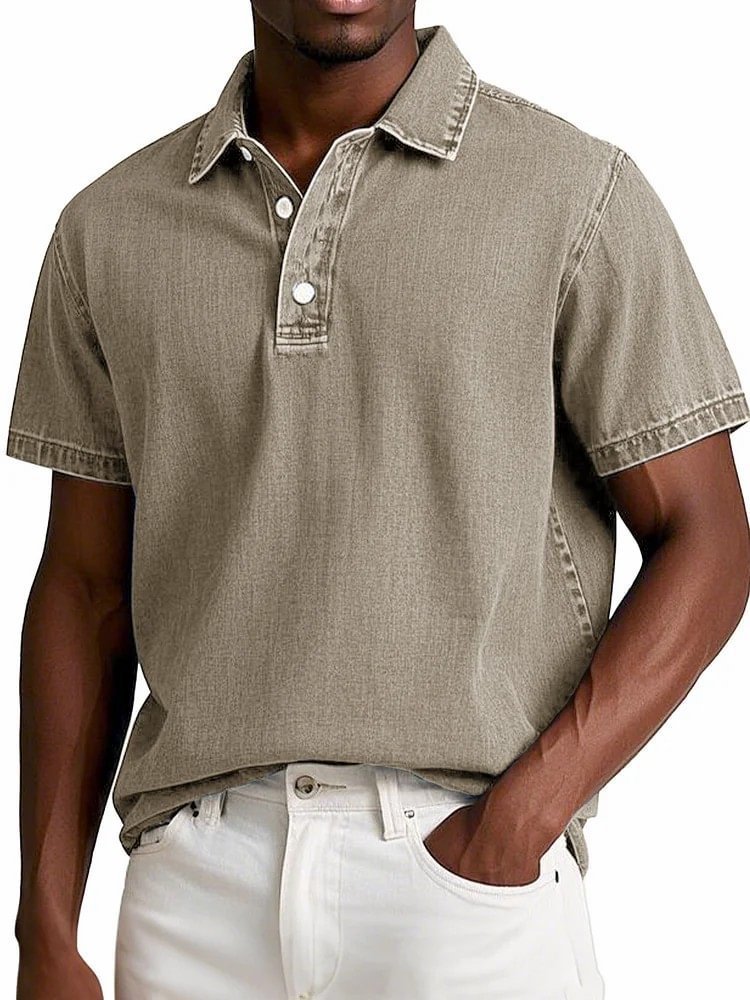 Men's Stylish Solid-Color Vintage Short-Sleeve Lapel Polo Shirt for Summer Casual Business