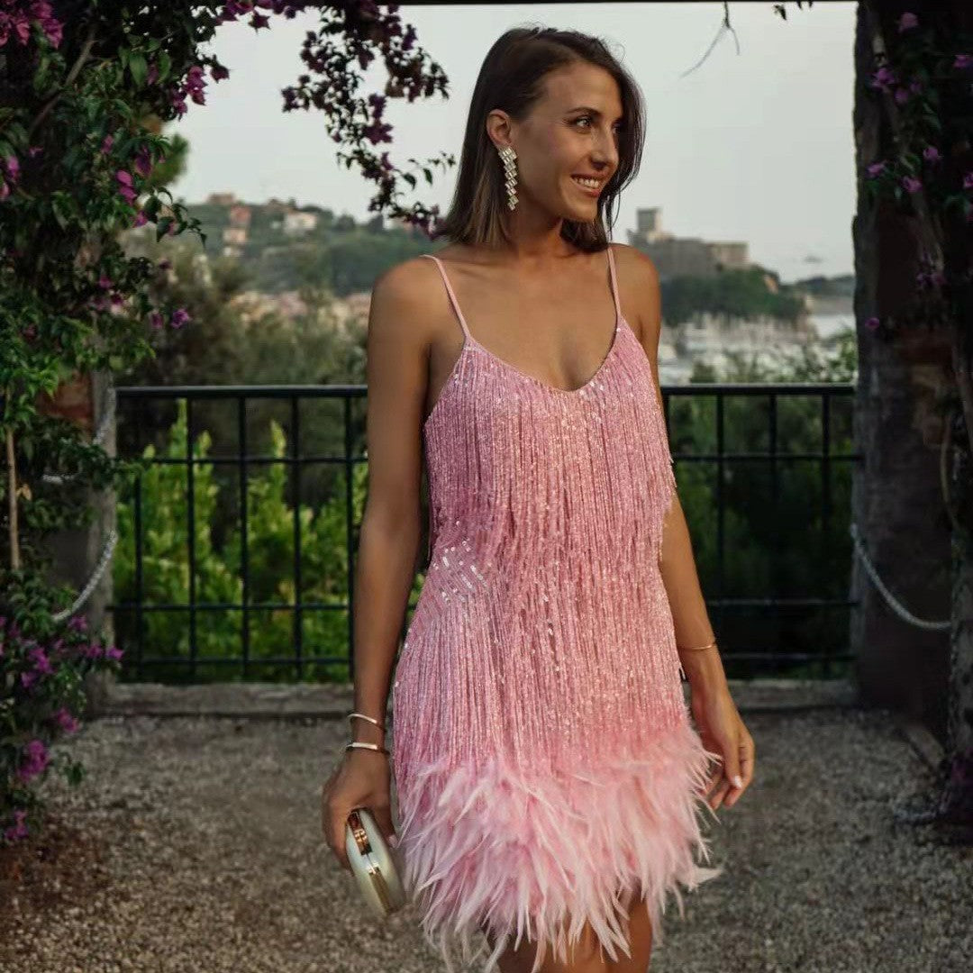 Sexy Tassel Sequin Feather Summer Mini Dress Women V-Neck Spaghetti Strap Patchwork Dresses Female Elegant Evening Party Club Dress