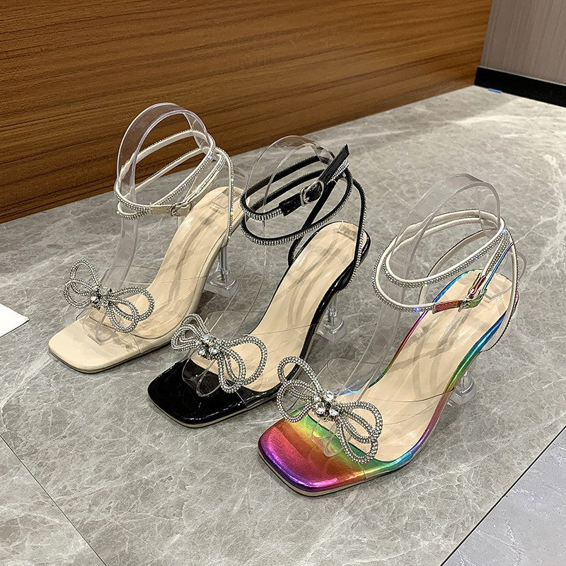 Crystal Clear Wine Glass Heel Sandals with Rhinestone Bow - Women's High Heels